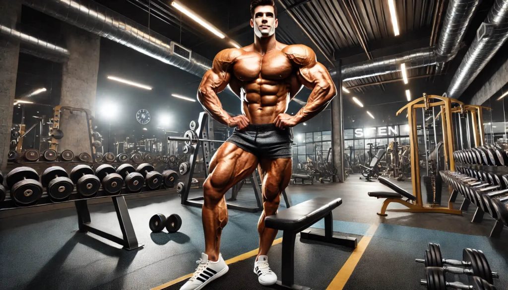 A fitness enthusiast posing in a gym with rows of cardio equipment and natural lighting.