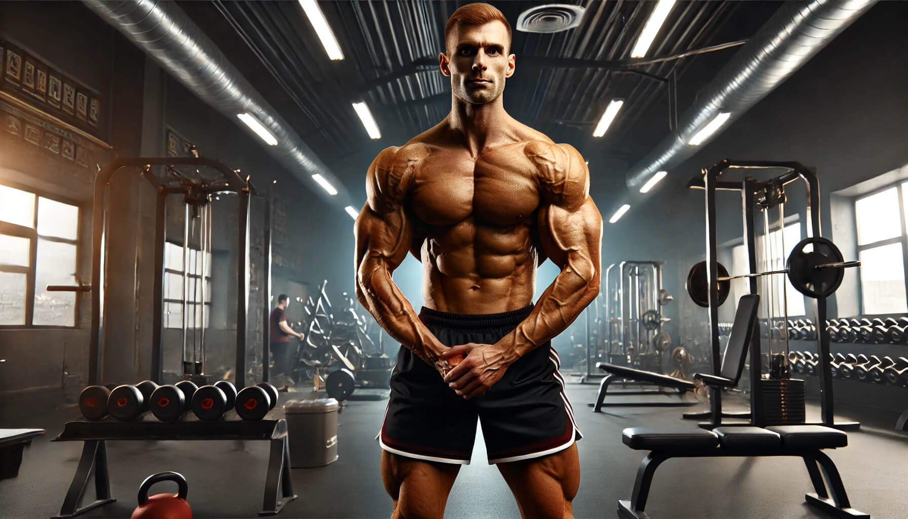 A bodybuilder showcasing his massive legs near a squat rack in a sleek workout area.