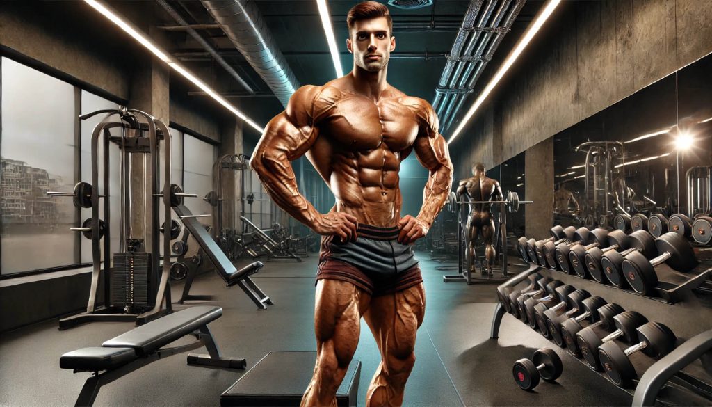 A fitness enthusiast flexing his ripped shoulders near a pull-up station in the gym.